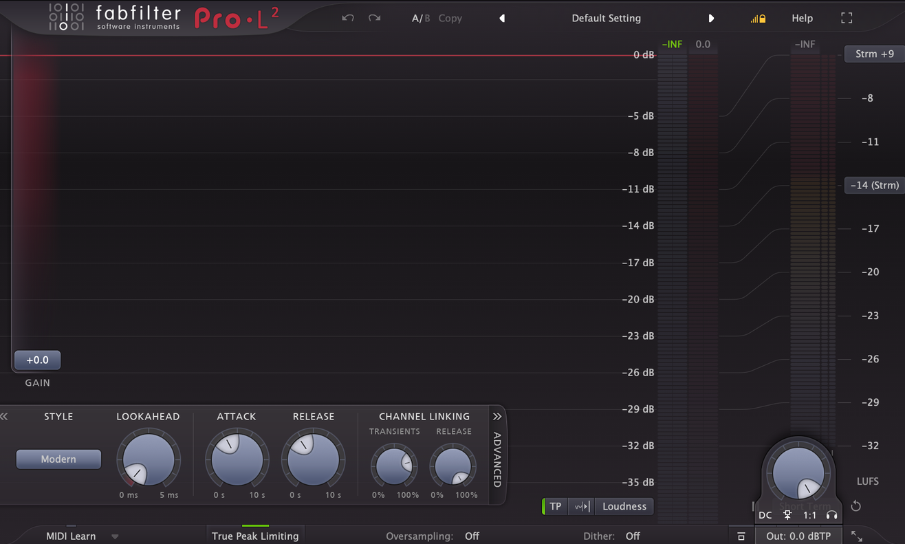 Interfaz del limitador FabFilter Pro-L2 con los controles de gain, style, lookahead, attack, release y channel linking