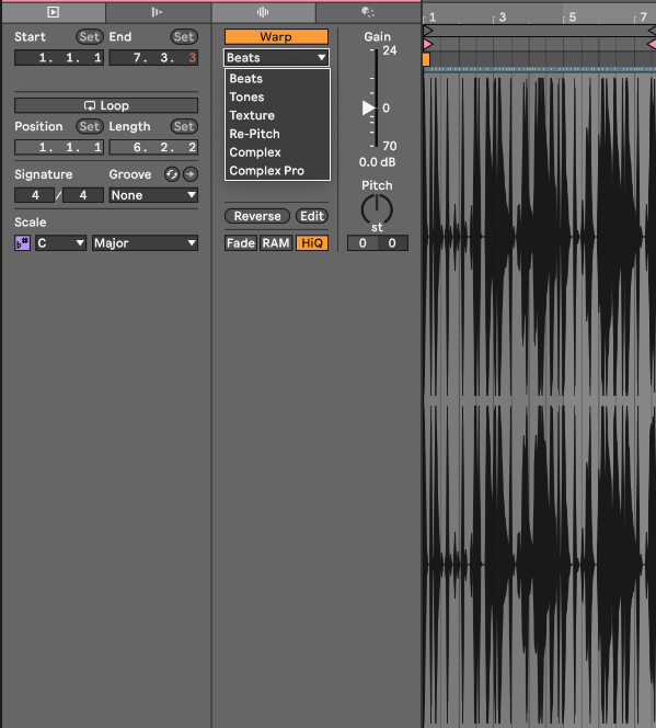 Menú desplegable de Ableton con los 5 modos de warp: Beats, Tones, Texture, Re-Pitch y Complex