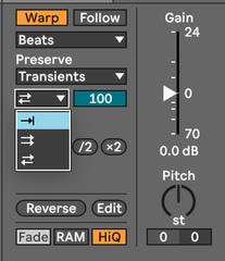 Selector de modo de warp en Beats cambiado a una sola flecha, sin loop, con la envolvente de transitorio al 100
